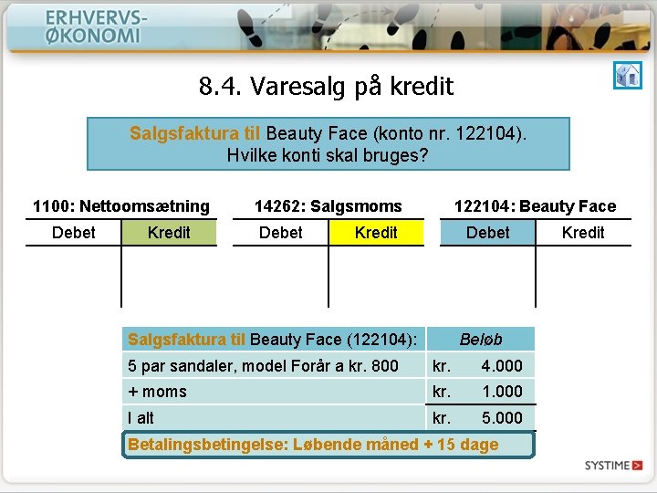 8. 4. Varesalg på kredit Salgsfaktura til Beauty Face (konto nr. 122104). Hvilke konti 8. 4. Varesalg på kredit Salgsfaktura til Beauty Face (konto nr. 122104). Hvilke konti