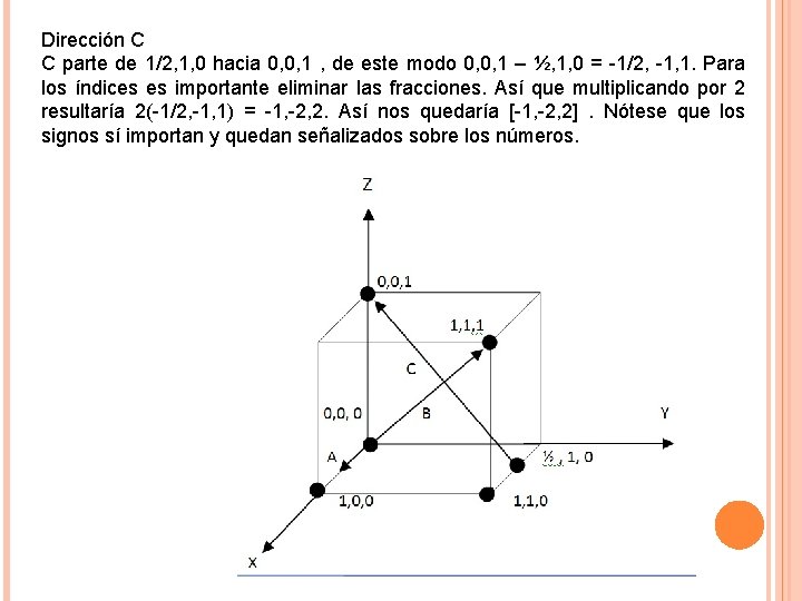 Dirección C C parte de 1/2, 1, 0 hacia 0, 0, 1 , de