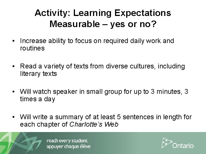 Activity: Learning Expectations Measurable – yes or no? • Increase ability to focus on