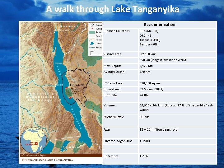 A walk through Lake Tanganyika Basic information Riparian Countries Burundi - 8%, DRC -