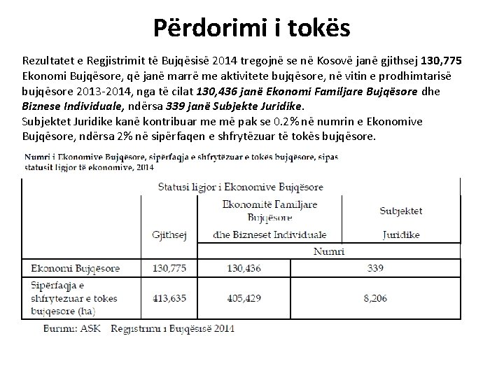 Përdorimi i tokës Rezultatet e Regjistrimit të Bujqësisë 2014 tregojnë se në Kosovë janë