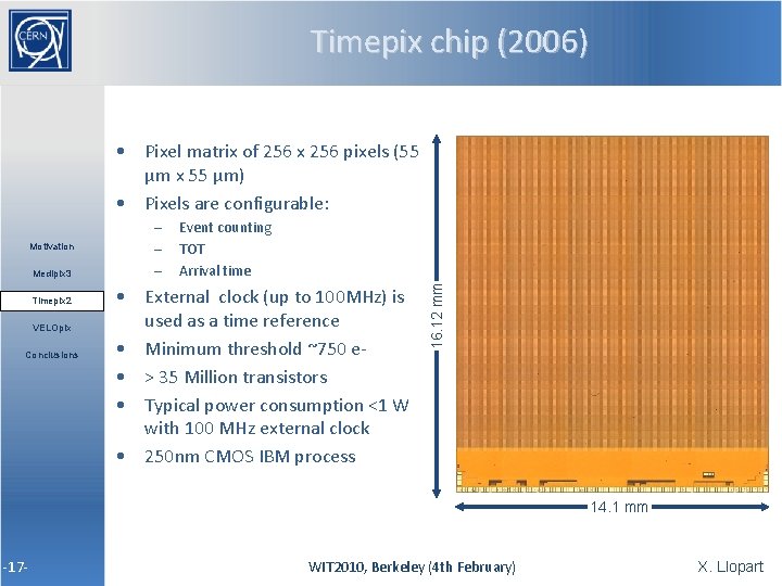 Timepix chip (2006) • Pixel matrix of 256 x 256 pixels (55 µm x