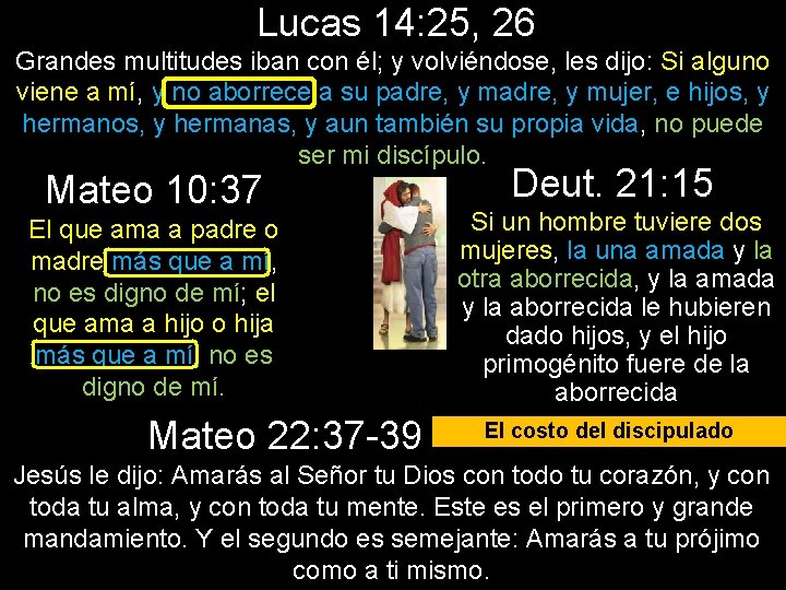 Lucas 14: 25, 26 Grandes multitudes iban con él; y volviéndose, les dijo: Si