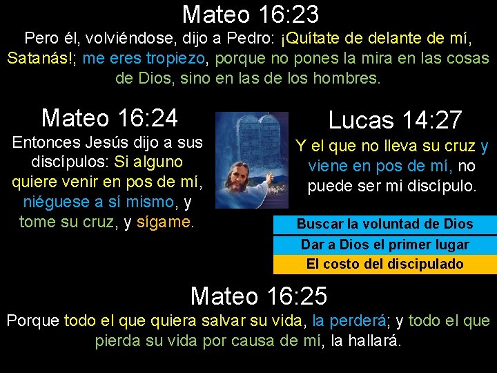 Mateo 16: 23 Pero él, volviéndose, dijo a Pedro: ¡Quítate de delante de mí,