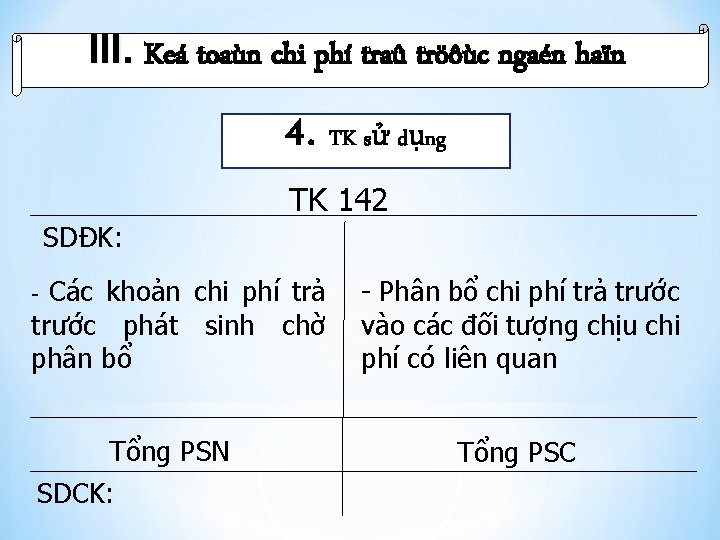 III. Keá toaùn chi phí traû tröôùc ngaén haïn 4. TK sử dụng TK