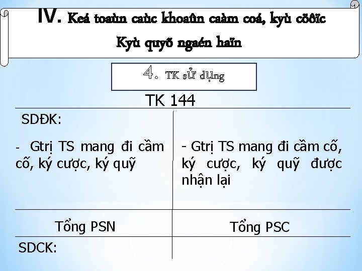 IV. Keá toaùn caùc khoaûn caàm coá, kyù cöôïc Kyù quyõ ngaén haïn 4.