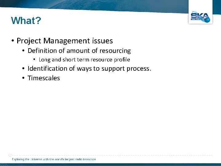 What? • Project Management issues • Definition of amount of resourcing • Long and
