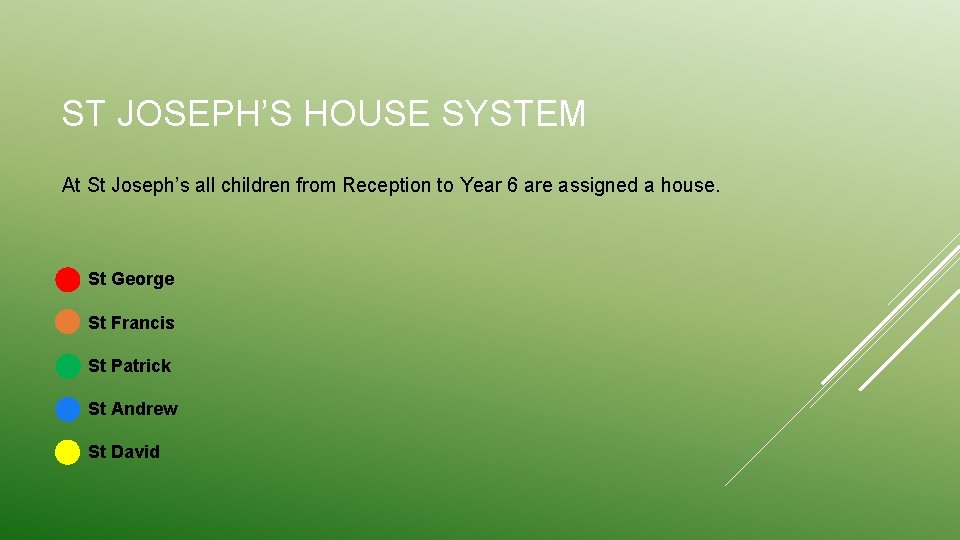 ST JOSEPH’S HOUSE SYSTEM At St Joseph’s all children from Reception to Year 6
