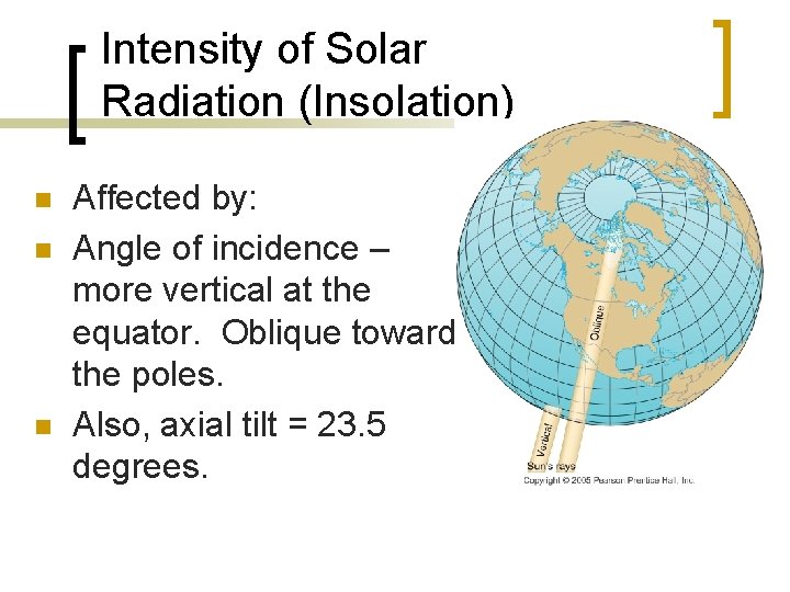 Intensity of Solar Radiation (Insolation) n n n Affected by: Angle of incidence –