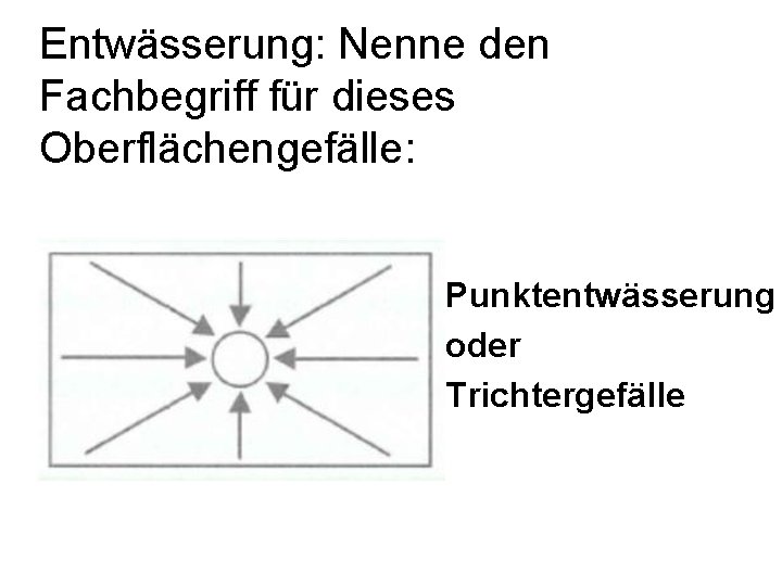 Entwässerung: Nenne den Fachbegriff für dieses Oberflächengefälle: Punktentwässerung oder Trichtergefälle 