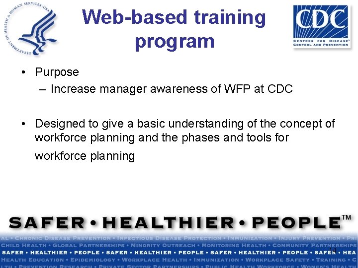 Web-based training program • Purpose – Increase manager awareness of WFP at CDC •