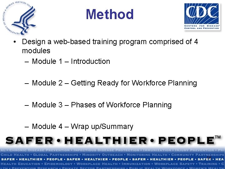 Method • Design a web-based training program comprised of 4 modules – Module 1