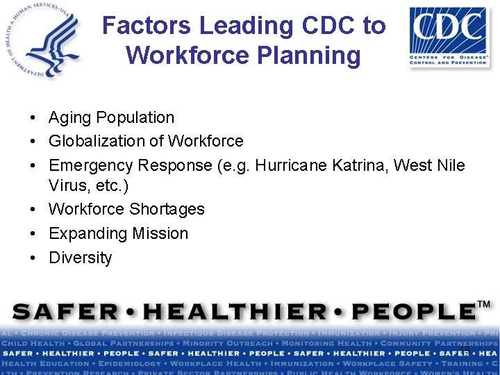 Factors Leading CDC to Workforce Planning • Aging Population • Globalization of Workforce •