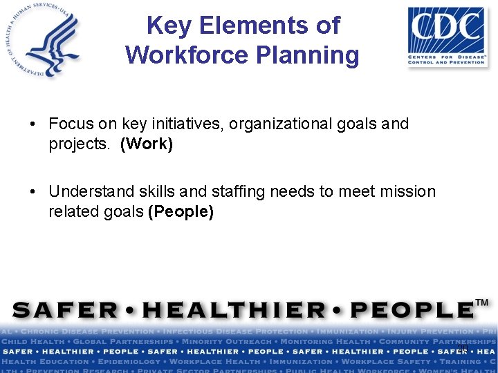 Key Elements of Workforce Planning • Focus on key initiatives, organizational goals and projects.