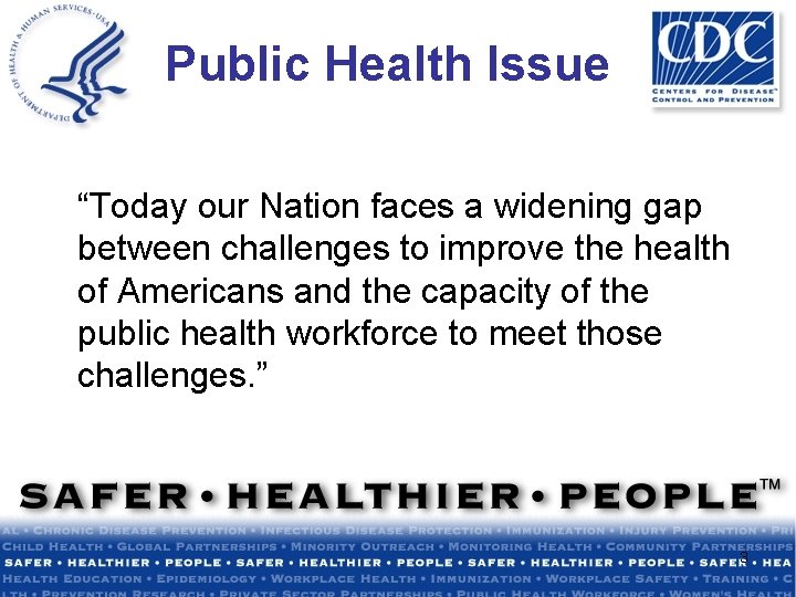 Public Health Issue “Today our Nation faces a widening gap between challenges to improve