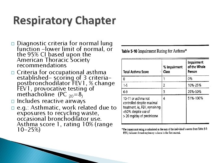 Respiratory Chapter � � Diagnostic criteria for normal lung function -lower limit of normal,