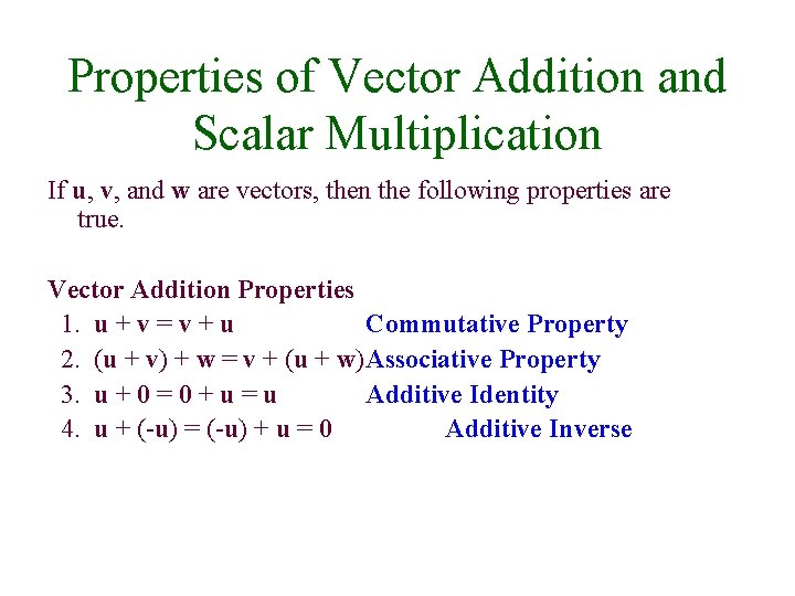 Properties of Vector Addition and Scalar Multiplication If u, v, and w are vectors,