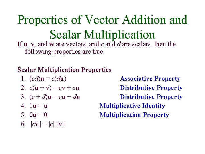Properties of Vector Addition and Scalar Multiplication If u, v, and w are vectors,