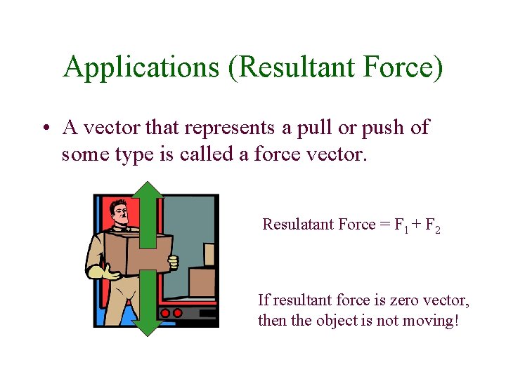 Applications (Resultant Force) • A vector that represents a pull or push of some