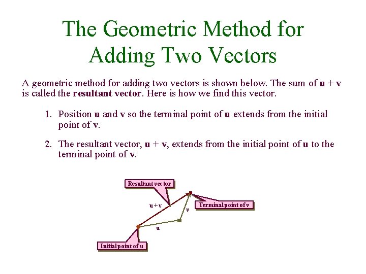 The Geometric Method for Adding Two Vectors A geometric method for adding two vectors