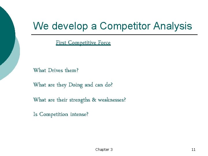 We develop a Competitor Analysis First Competitive Force What Drives them? What are they