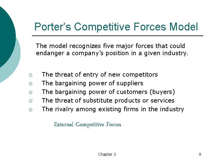 Porter’s Competitive Forces Model The model recognizes five major forces that could endanger a