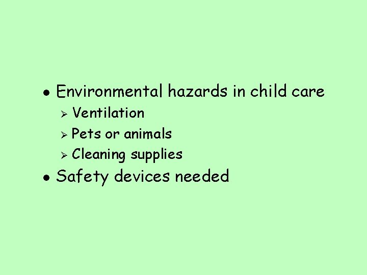 l Environmental hazards in child care Ventilation Ø Pets or animals Ø Cleaning supplies