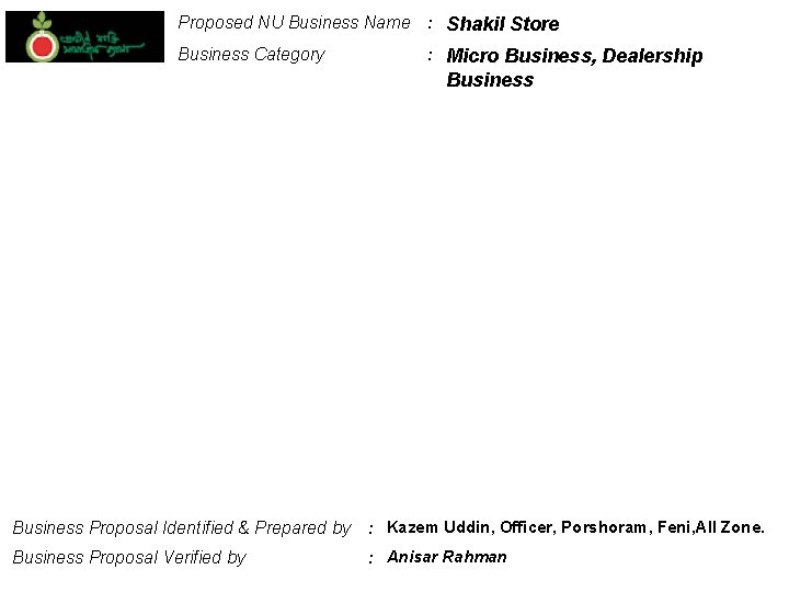 Proposed NU Business Name : Shakil Store Business Category : Micro Business, Dealership Business