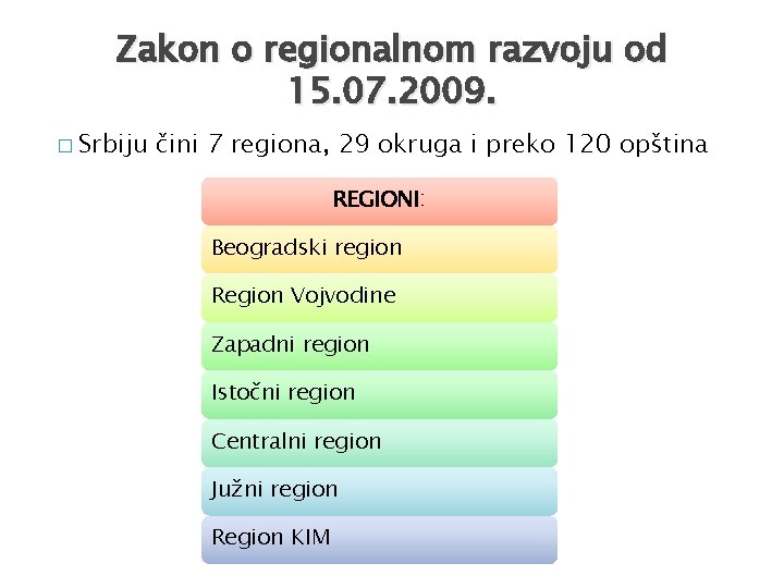 Zakon o regionalnom razvoju od 15. 07. 2009. � Srbiju čini 7 regiona, 29