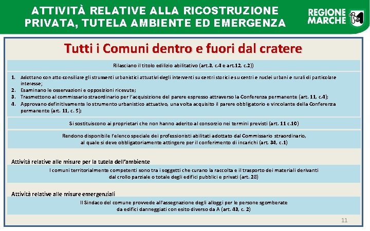 ATTIVITÀ RELATIVE ALLA RICOSTRUZIONE PRIVATA, TUTELA AMBIENTE ED EMERGENZA Tutti i Comuni dentro e