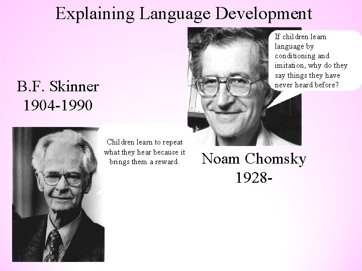 Explaining Language Development If children learn language by conditioning and imitation, why do they