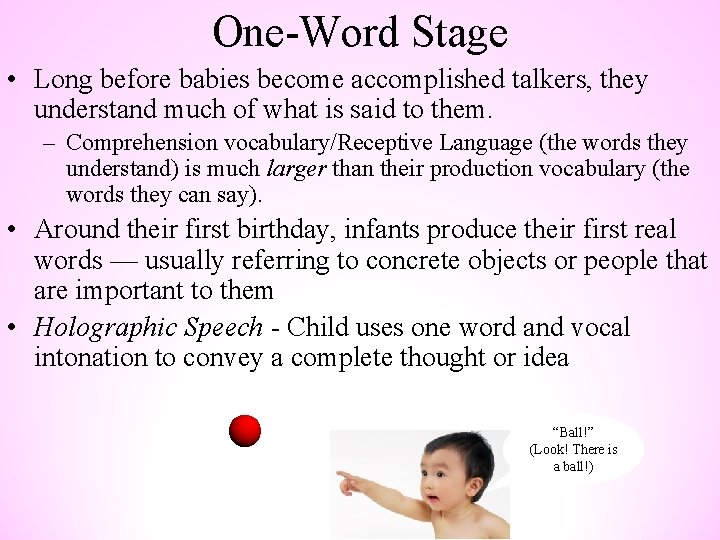 One-Word Stage • Long before babies become accomplished talkers, they understand much of what