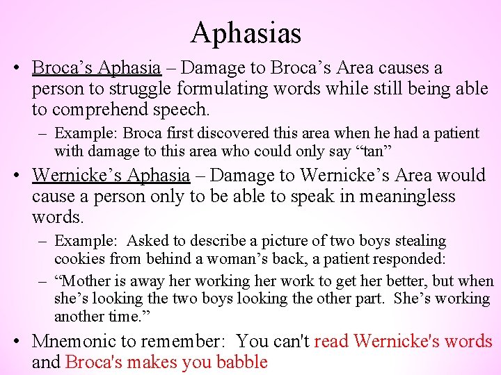 Aphasias • Broca’s Aphasia – Damage to Broca’s Area causes a person to struggle