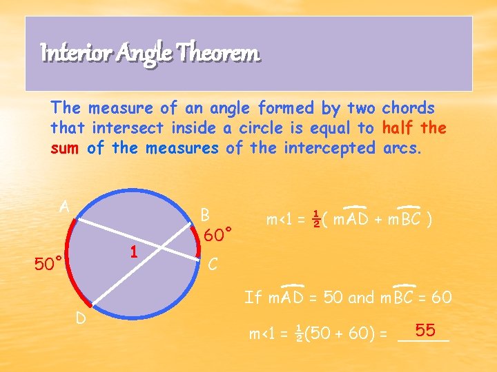 Interior Angle Theorem The measure of an angle formed by two chords that intersect