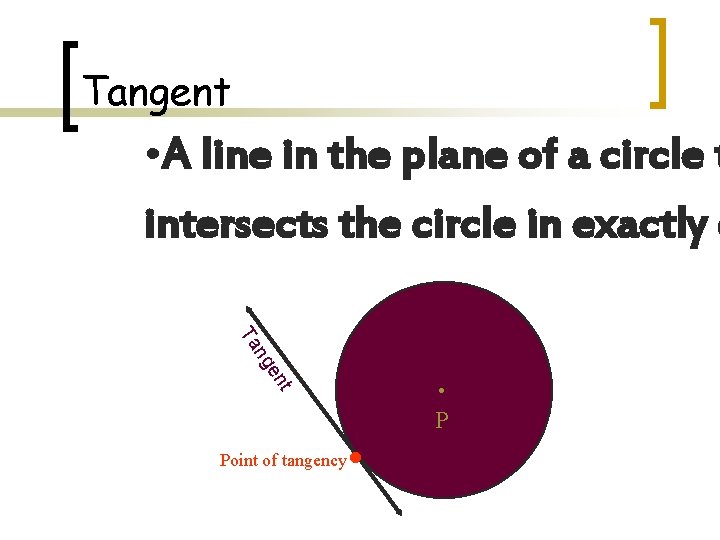 Tangent • A line in the plane of a circle t intersects the circle