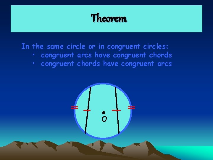 Theorem In the same circle or in congruent circles: • congruent arcs have congruent