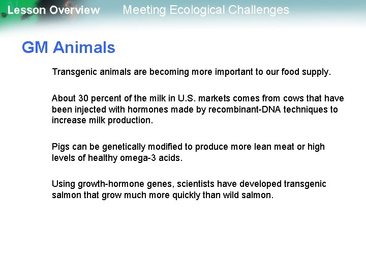 Lesson Overview Meeting Ecological Challenges GM Animals Transgenic animals are becoming more important to