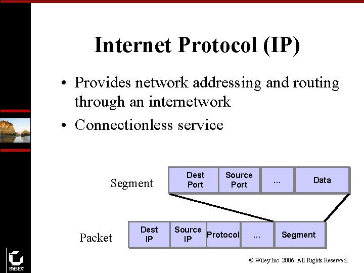 Internet Protocol (IP) • Provides network addressing and routing through an internetwork • Connectionless