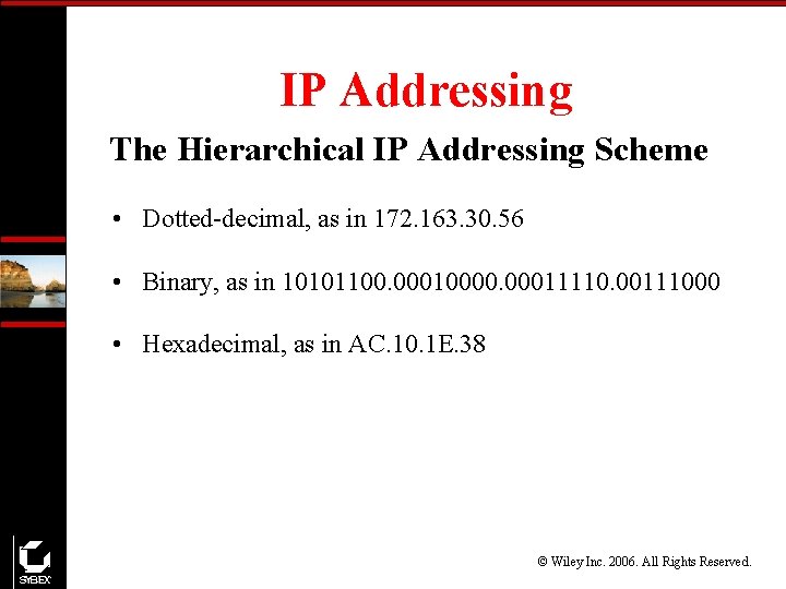 IP Addressing The Hierarchical IP Addressing Scheme • Dotted-decimal, as in 172. 163. 30.