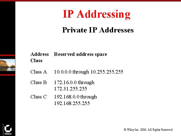 IP Addressing Private IP Addresses Address Reserved address space Class A 10. 0 through