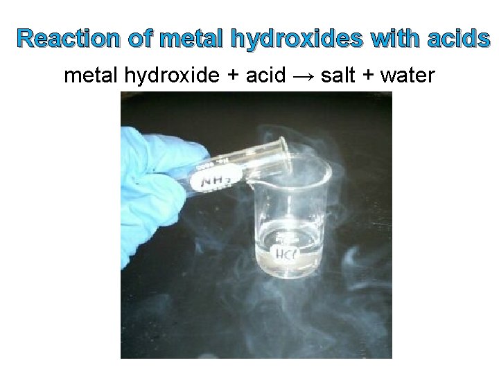 Reaction of metal hydroxides with acids metal hydroxide + acid → salt + water Reaction of metal hydroxides with acids metal hydroxide + acid → salt + water