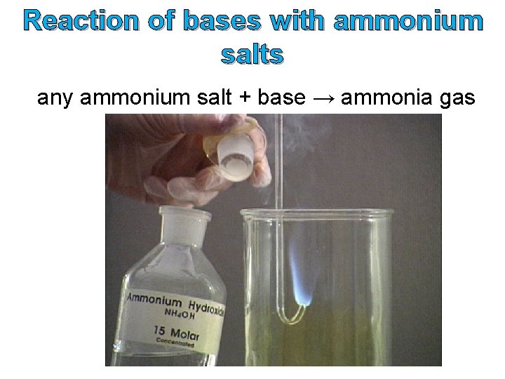 Reaction of bases with ammonium salts any ammonium salt + base → ammonia gas Reaction of bases with ammonium salts any ammonium salt + base → ammonia gas
