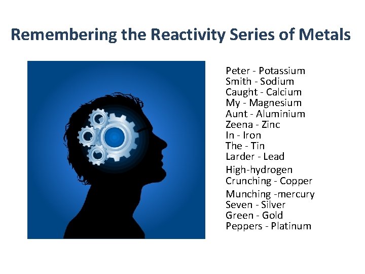 Remembering the Reactivity Series of Metals Peter - Potassium Smith - Sodium Caught - Remembering the Reactivity Series of Metals Peter - Potassium Smith - Sodium Caught -