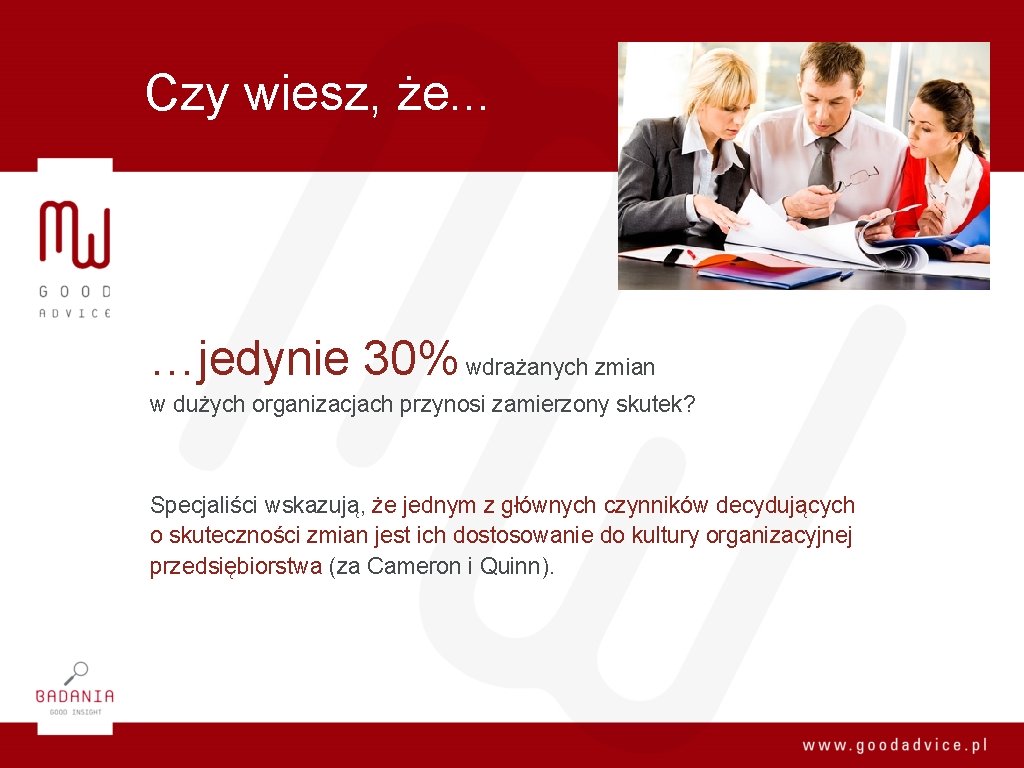 Czy wiesz, że. . . …jedynie 30% wdrażanych zmian w dużych organizacjach przynosi zamierzony