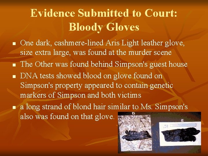 Evidence Submitted to Court: Bloody Gloves n n One dark, cashmere-lined Aris Light leather
