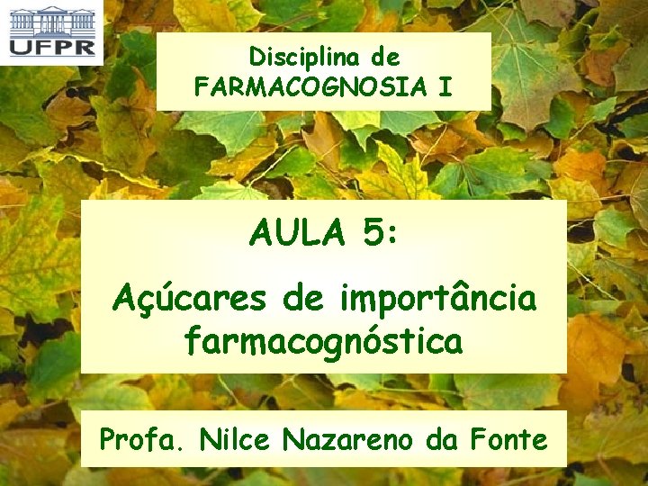 Disciplina de FARMACOGNOSIA I AULA 5: Açúcares de importância farmacognóstica Profa. Nilce Nazareno da