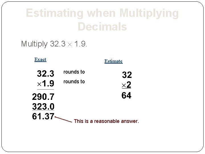 Estimating when Multiplying Decimals Multiply 32. 3 1. 9. Exact Estimate rounds to This