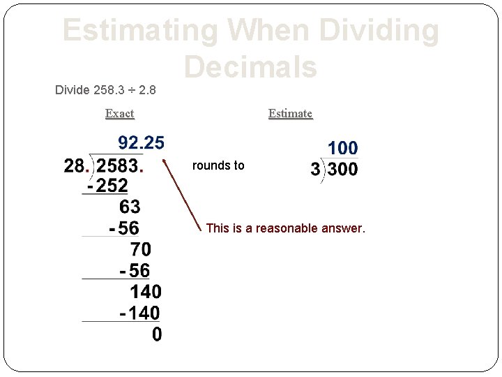 Estimating When Dividing Decimals Divide 258. 3 ÷ 2. 8 Exact Estimate rounds to