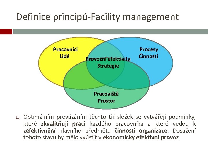 Definice principů-Facility management Pracovníci Lidé Provozní efektivita Strategie Procesy Činnosti Pracoviště Prostor Optimálním provázáním