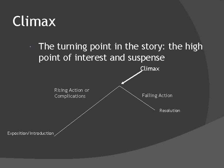 Climax The turning point in the story: the high point of interest and suspense